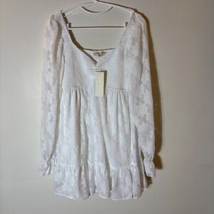 THIRTY THIRTY White Floral‎ Smocked Babydoll Mini Dress Large NWT